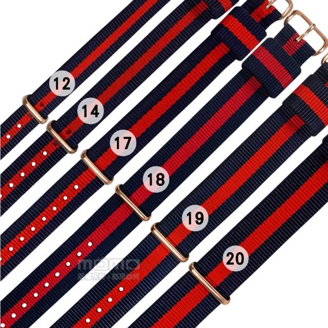 【Watchband】12.14.17.18.19.20 mm / DW 各品牌通用 鍍玫瑰金不鏽鋼扣頭 尼龍錶帶(藍x紅)