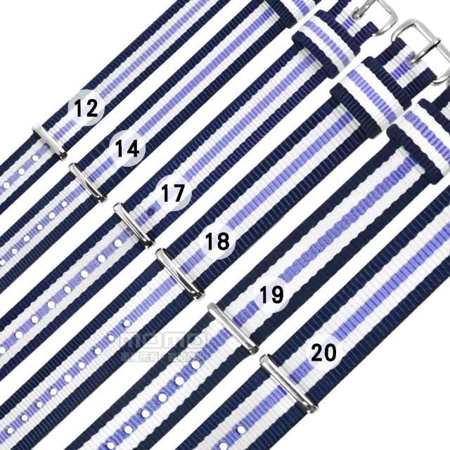【Watchband】12.14.17.18.19.20 mm / DW 各品牌通用 不鏽鋼扣頭 尼龍錶帶(藍x白x紫)