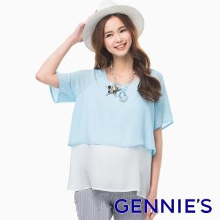 【Gennies 奇妮】甜美知性假二件雙色雪紡上衣(桔/藍C3B02)