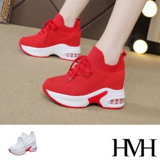 【HMH】立體舒適飛織鞋面綁帶造型內增高厚底休閒鞋(3色任選)