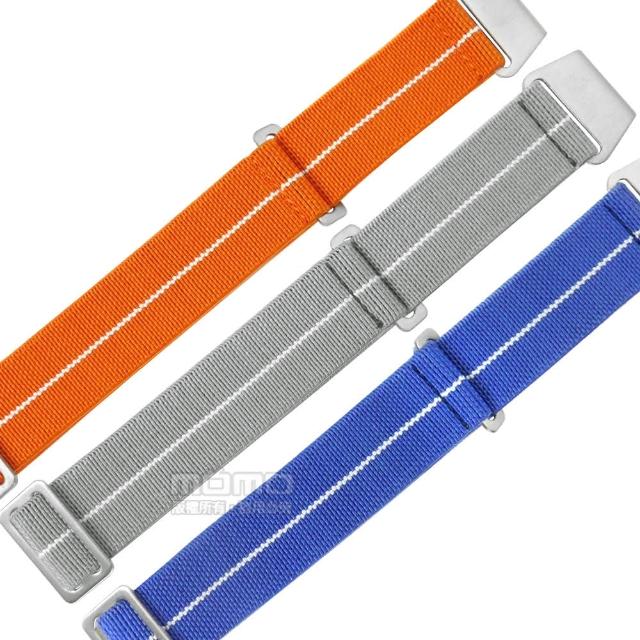 【Watchband】20mm / 各品牌通用 穿戴方便 輕便柔軟 不鏽鋼扣頭 彈性尼龍錶帶(橘/灰/藍)