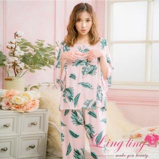 【lingling】PA4016全尺碼-滿版植物印花荷葉五分袖二件式睡衣組(優雅淺粉)