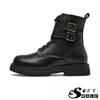 【SOFT WALK 舒步】真皮手工頭層牛皮雙皮帶釦飾設計款帥氣低跟短靴(黑)