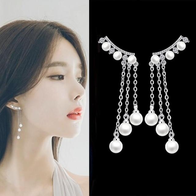 【Emi 艾迷】韓系迷人女伶鋯石珍珠流蘇925銀針耳環