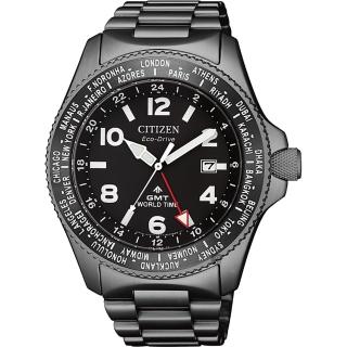 【CITIZEN 星辰】PROMASTER GMT 限量光動能兩地時間手錶-灰/42mm 送行動電源 畢業禮物(BJ7107-83E)