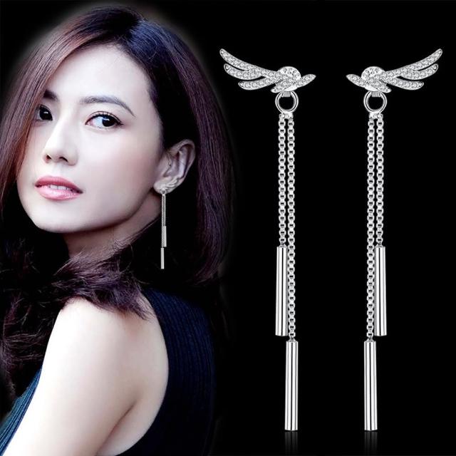 【Emi 艾迷】韓系璀璨天使羽翼流蘇鋯石 925銀針 耳環