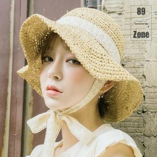 【89 zone】韓版蕾絲蝴蝶可折疊 防曬帽 草帽 遮陽帽(米/卡其)