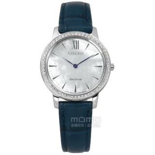 【CITIZEN 星辰】光動能 珍珠母貝 施華洛世奇 藍寶石水晶玻璃 牛皮手錶 銀x藍 29mm(EX1480-15D)
