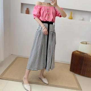 【BBHONEY】韓版設計款不對襯直條紋排釦長裙(網美必備款)