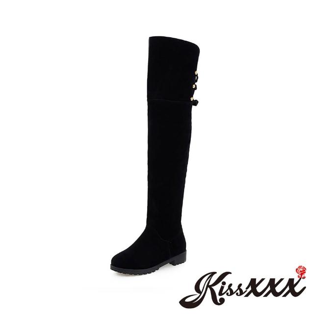 【KissXXX】小金釦時尚造型平底過膝長筒靴(黑)