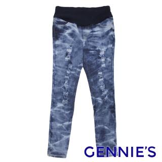 【Gennies 奇妮】水洗紋刷色抓破造型牛仔貼腿褲(藍/黑G4119)