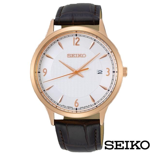 【SEIKO 精工】溫柔紳士皮革石英腕錶-白面玫金框x41mm(SGEH88P1)