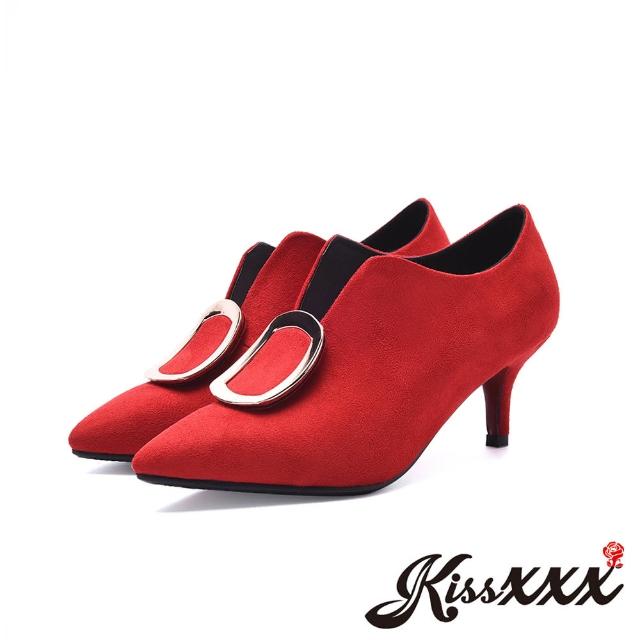 【KissXXX】美腿效果腳背U口大金屬釦環造型細跟踝靴(紅)