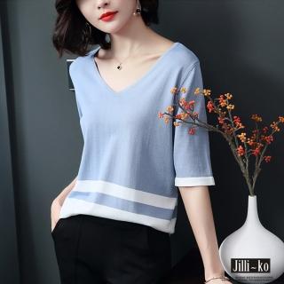 【JILLI-KO】買一送一 簡約配色五分袖針織衫-F(白/黑/藍)