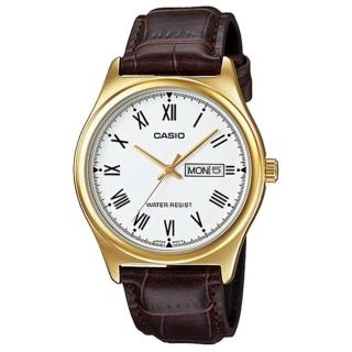 【CASIO 卡西歐】經典金英倫復古指針紳士皮帶錶-羅馬白面(MTP-V006GL-7B)