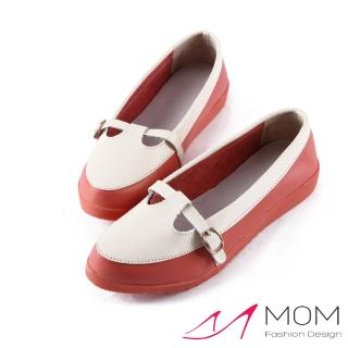 【MOM】可愛釦飾撞色真皮平底休閒鞋(紅)