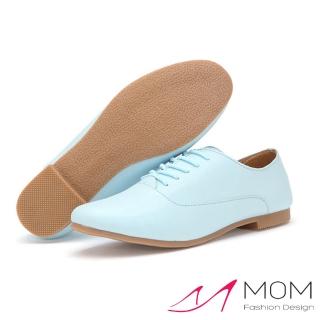 【MOM】超柔軟真皮經典小白鞋 休閒綁帶平底鞋 便鞋(水藍)