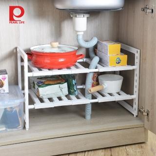 【日本珍珠金屬】廚下水槽伸縮式收納層架-深30cm(日製 廚櫃 整理 置物架 塑膠)