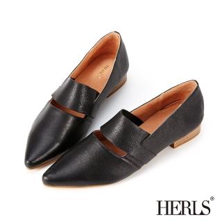 【HERLS】樂福鞋-全真皮橫帶鏤空尖頭低跟鞋樂福鞋(黑色)