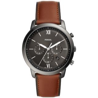 【FOSSIL】NEUTRA 時尚流行三眼計時手錶-黑x咖啡錶帶/44mm(FS5512)