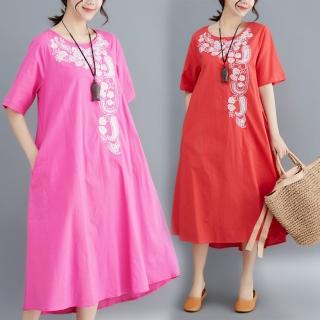 【Keer】現貨-玩美衣櫃復古文藝純色刺繡寬鬆洋裝M-2XL(共三色)