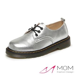 【MOM】歐美經典款3孔綁帶真皮馬丁休閒牛津鞋 馬丁靴(銀)