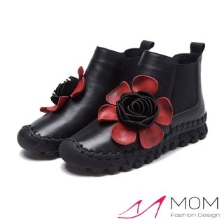 【MOM】頭層真皮甜美立體大花朵手工縫線切爾西短靴(黑)