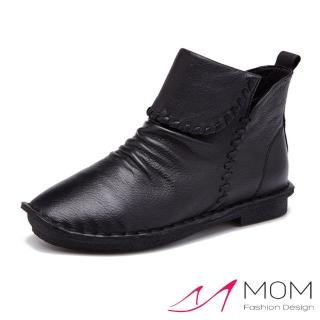 【MOM】全真皮反摺造型手工縫線休閒短靴(黑)