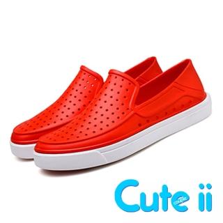 【Cute ii】純色透氣洞洞沙灘晴雨兩穿休閒鞋 雨鞋-男款(紅)