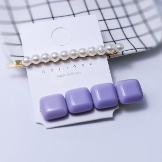 【Anpan】韓東大門珍珠方塊一字邊夾鴨嘴髮夾二入組-紫色方塊