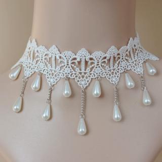 【Angel】美麗新娘白色蕾絲水滴珍珠鎖骨項鍊(白色)