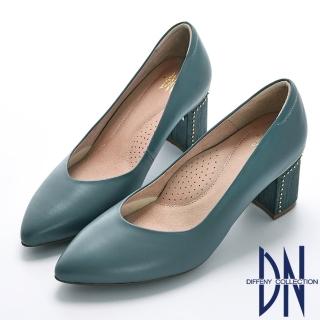 【DN】都會時尚 鉚釘點綴後跟真皮尖頭鞋(藍)