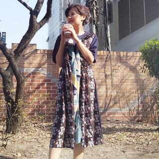 【BBHONEY】韓國空運春裝幾何碎花拼接短袖寬鬆中長款連身裙(正韓製)