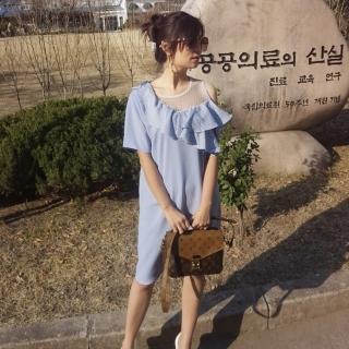 【BBHONEY】韓國製格紋網紗斜露肩拼接條紋荷葉邊顯瘦中長款連身裙(正韓製)