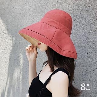 【89 zone】日系雙面拼色可摺疊 沙灘帽 編織帽 漁夫帽 太陽帽 防風帽 遮陽帽(鐵鏽紅/灰)