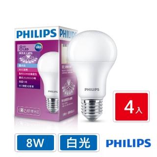 【Philips 飛利浦】LED廣角燈泡 8W 806流明 6500K 全電壓 白光(4顆入)