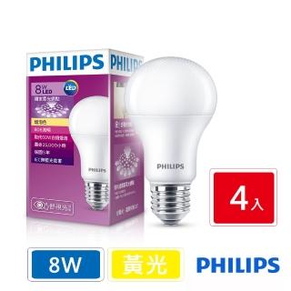 【Philips 飛利浦】LED廣角燈泡 8W 806流明 3000K 全電壓 黃光(4顆入)