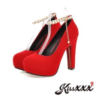 【KissXXX】優雅珍珠鍊飾粗跟反絨高跟鞋(紅)