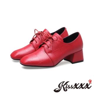 【KissXXX】設計款小方頭異形跟拼接皮革粗跟牛津鞋(紅)