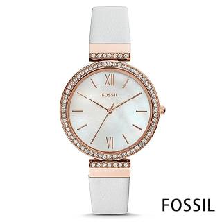 【FOSSIL】絢雅光燦水鑽真皮腕錶-白珍珠母貝/38mm(ES4581)