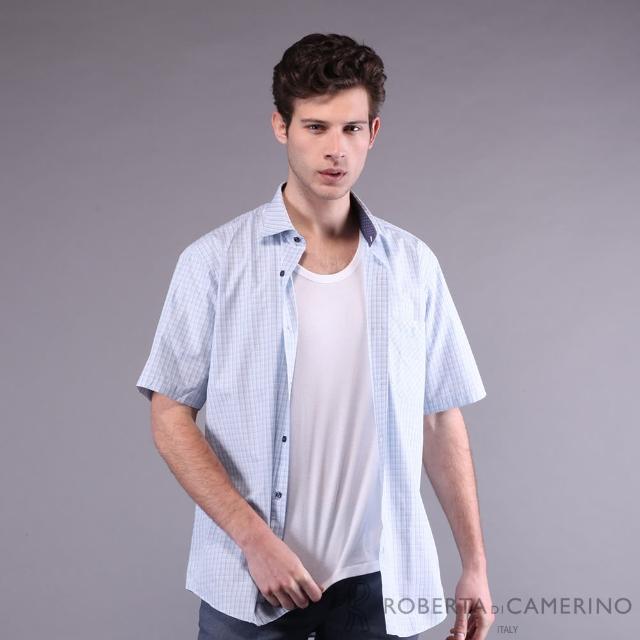 【ROBERTA 諾貝達】台灣製  進口素材 清爽格紋 短袖襯衫(藍色)