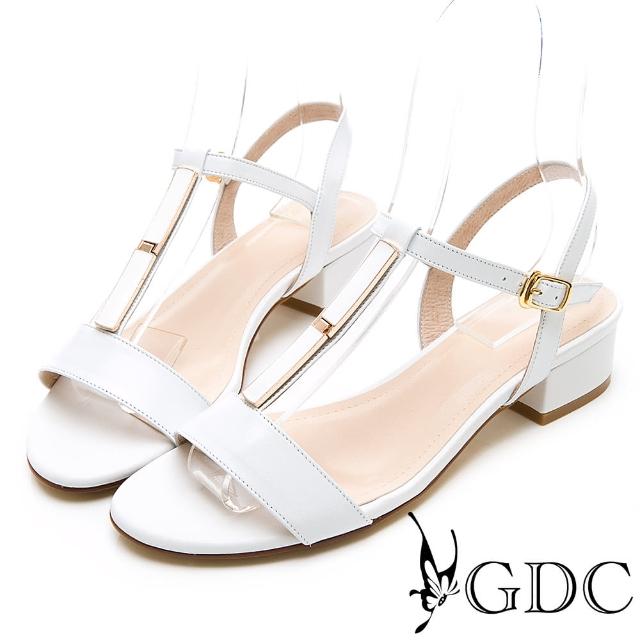 【GDC】氣質簡約素色真皮T字粗跟涼鞋-白色(913345)