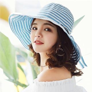 【幸福揚邑】夏日浪漫條紋大帽檐抗UV防紫外線可摺疊遮陽帽(淺藍)