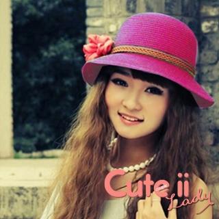 【Cute ii Lady】甜美紗花造型可摺疊遮陽帽 防曬草帽(玫紅)