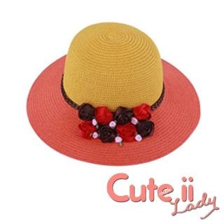 【Cute ii Lady】甜美撞色玫瑰花飾造型可摺疊遮陽帽 防曬草帽(黃+橘)