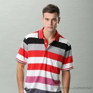 【ROBERTA 諾貝達】台灣製 配色寬條紋短袖POLO棉衫(紅白)