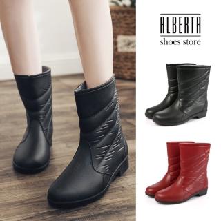 【Alberta】靴子-跟高3CM 純色時尚 中筒雨靴 防滑套腳 仿皮紋PVC防水雨鞋