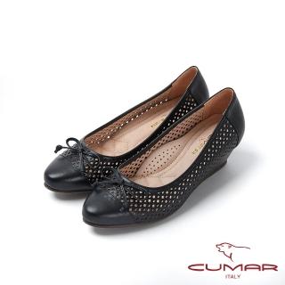 【CUMAR】文藝羅浮宮- 微尖頭雷射沖孔楔型底台平底鞋(黑色)