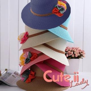 【Cute ii Lady】雪紡花朵造型甜美大帽檐可摺疊草帽 防曬遮陽帽(藏青)