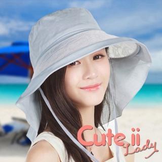 【Cute ii Lady】柔美蕾絲紗大帽檐外出防曬護頸遮陽帽(紅)